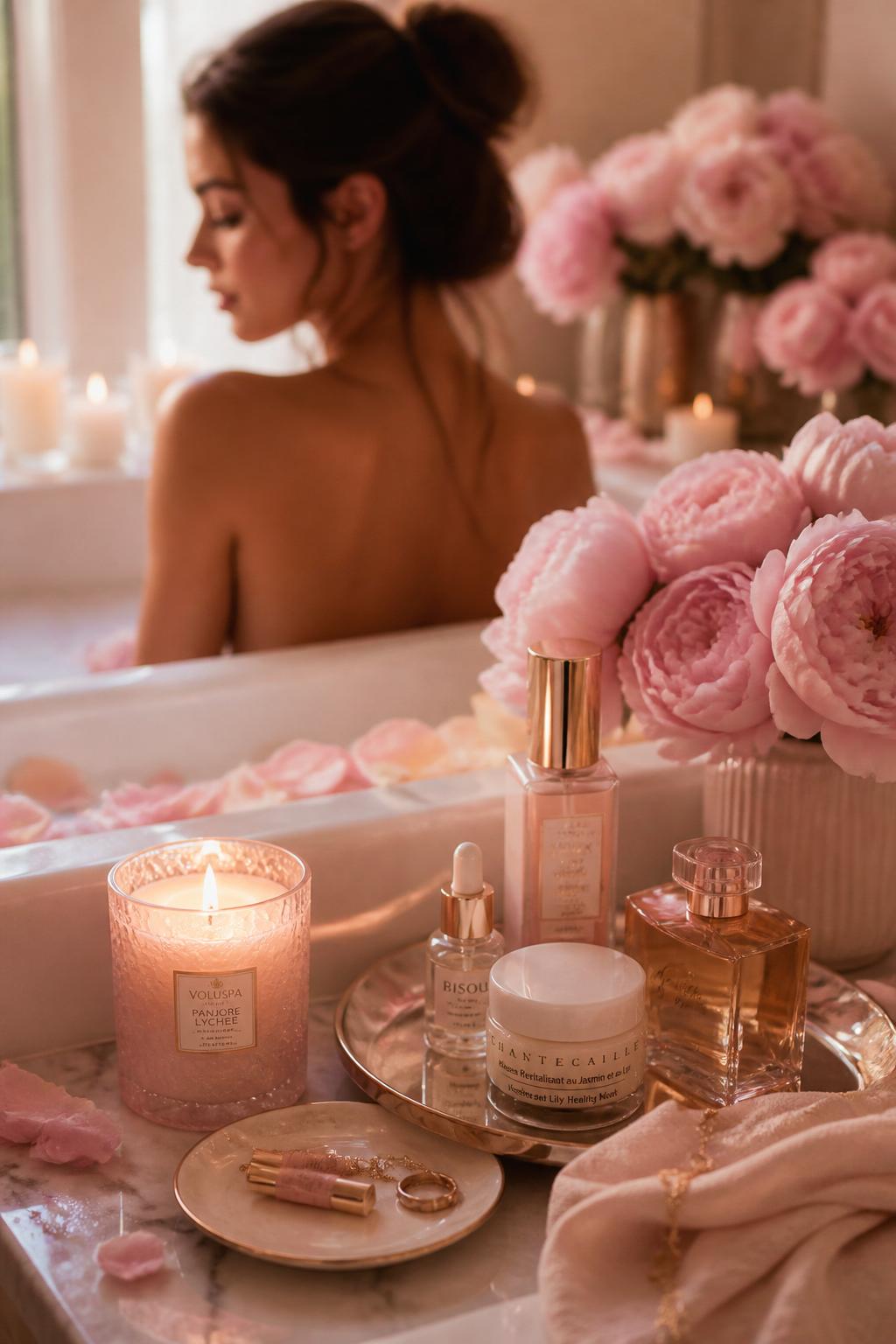 A serene, luxurious self-care moment surrounded by pink peonies